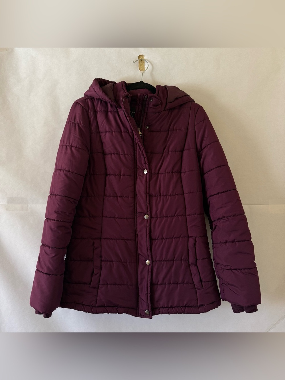 Rampage Quilted Hooded Puffer Jacket Size L Purple Plum Snap Button Winter READ